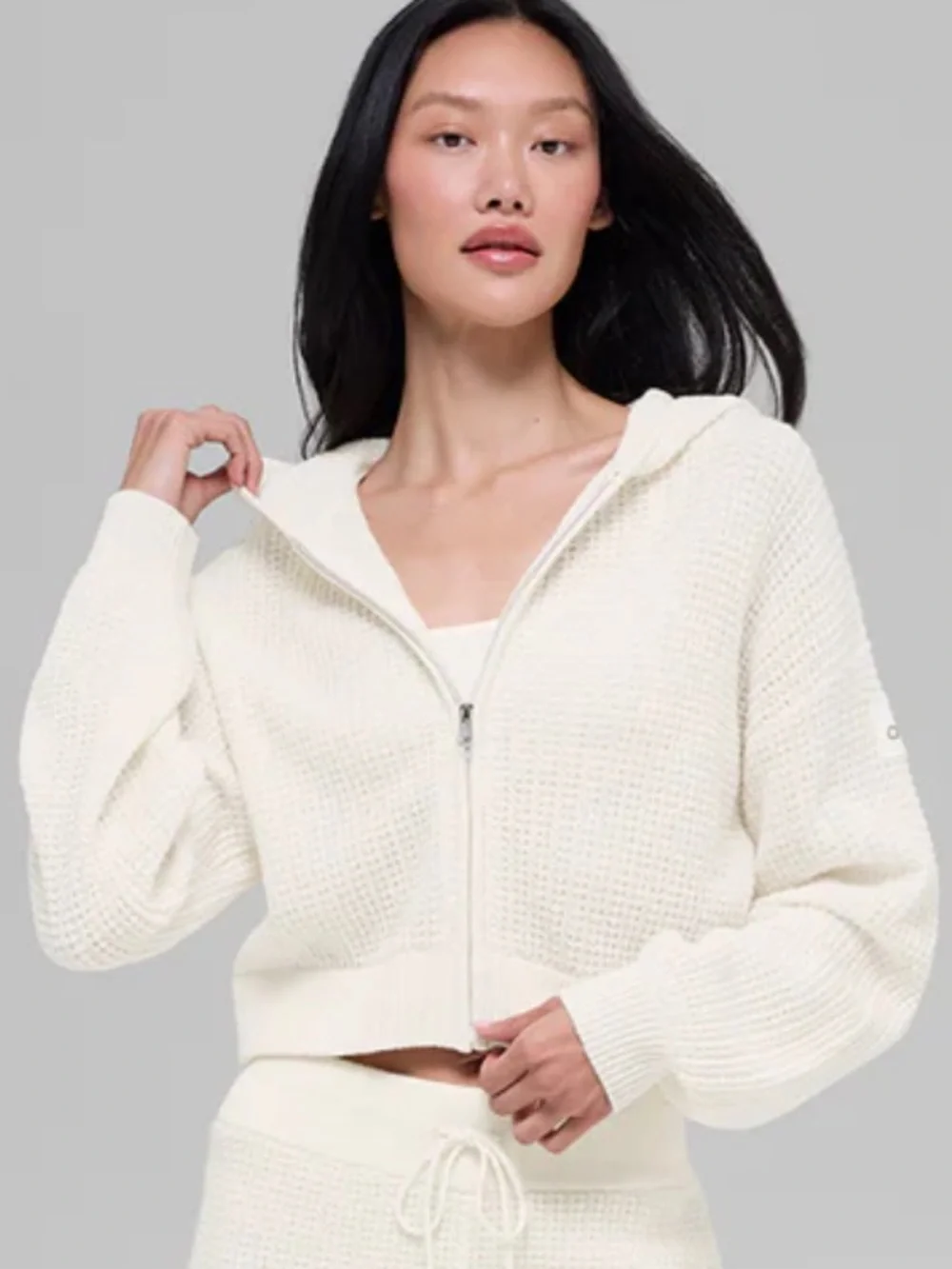 ALO YOGA Cashmere Plush Waffle Full Zip Hoodie Ivory White XS NWOT Luxury